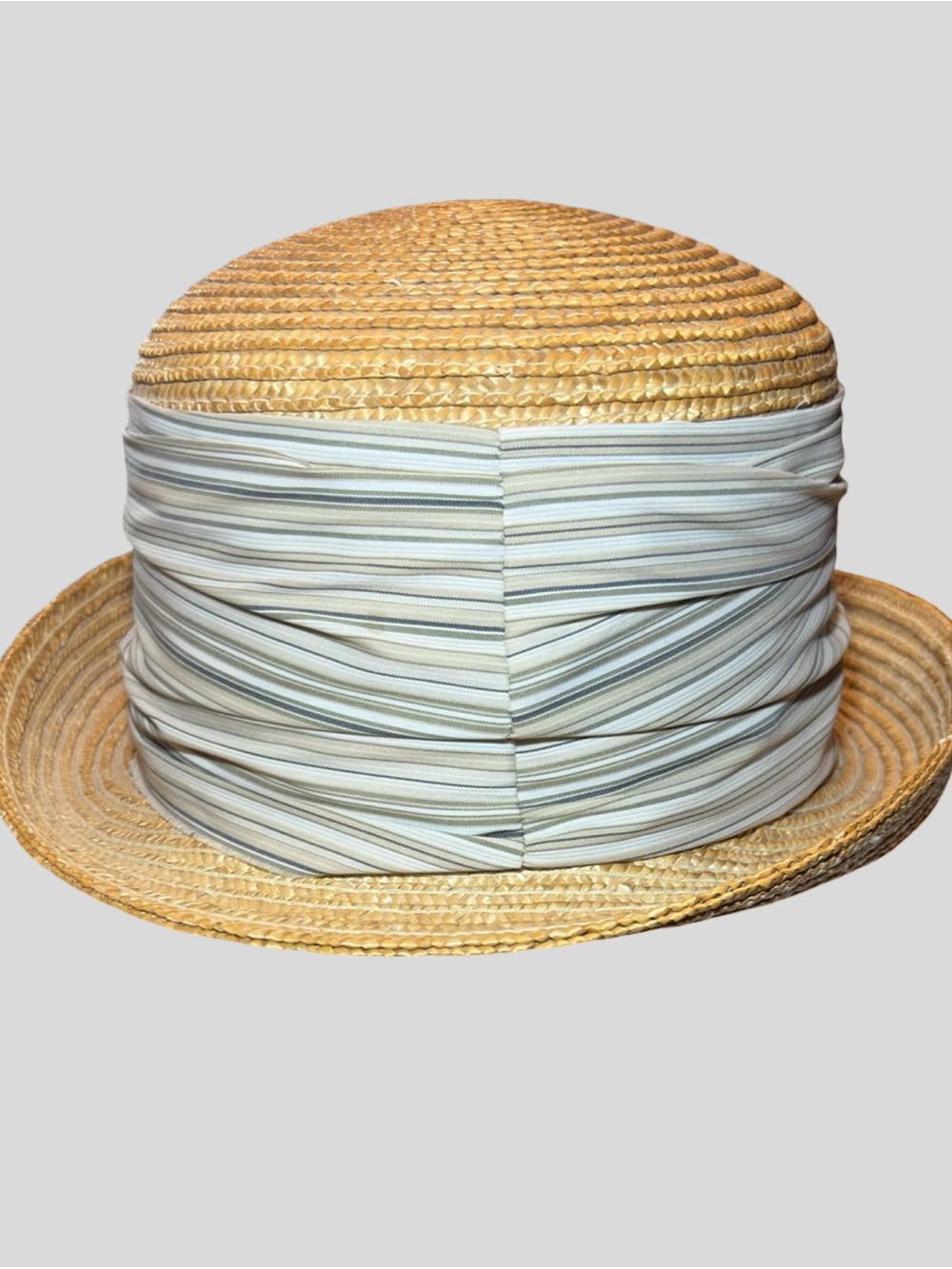 Betmar New York Vintage Straw Cloche Bowler Hat Striped Ban - Picture 11 of 16